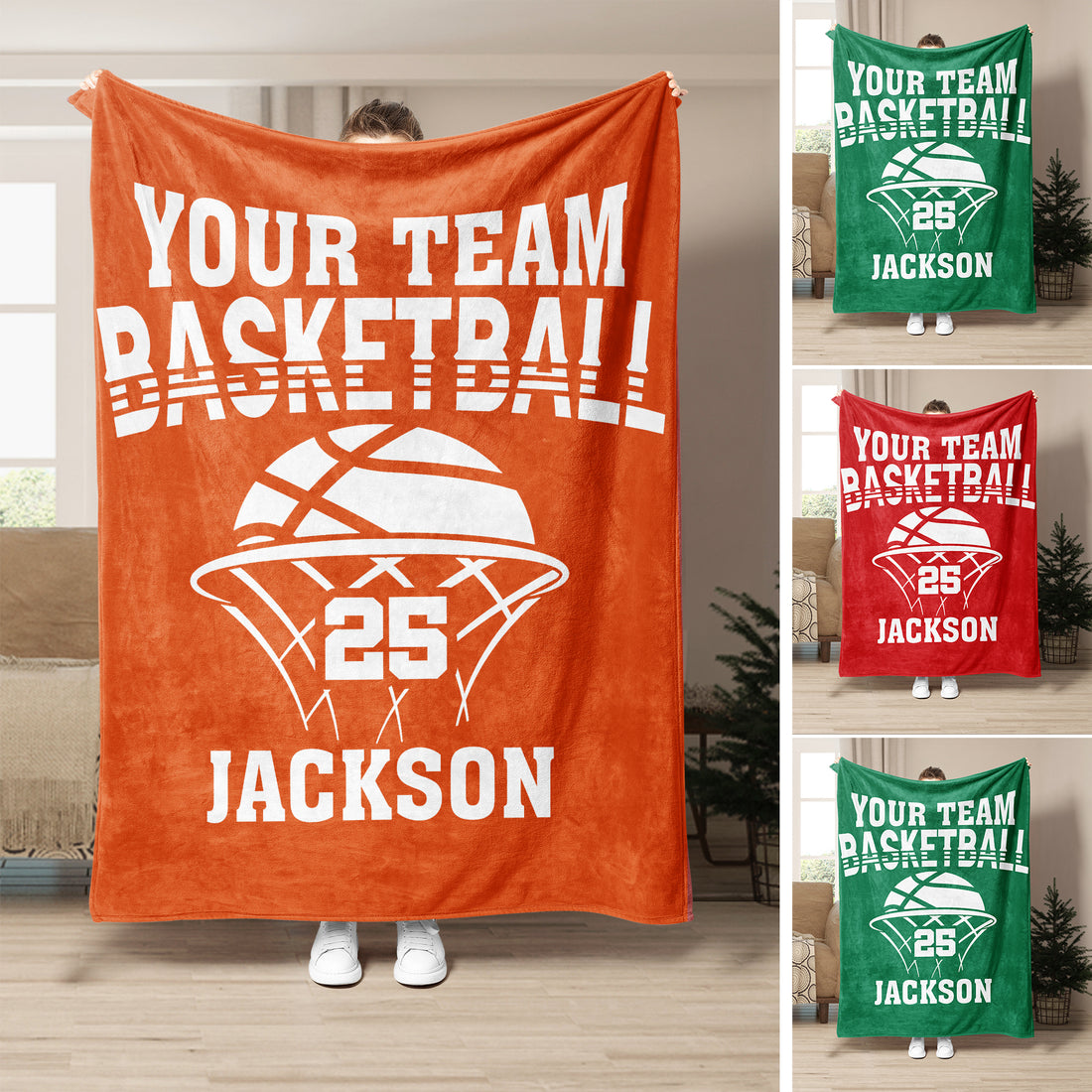 Basketball throw blanket shown in orange, green, and red color options with bold team sports artwork
