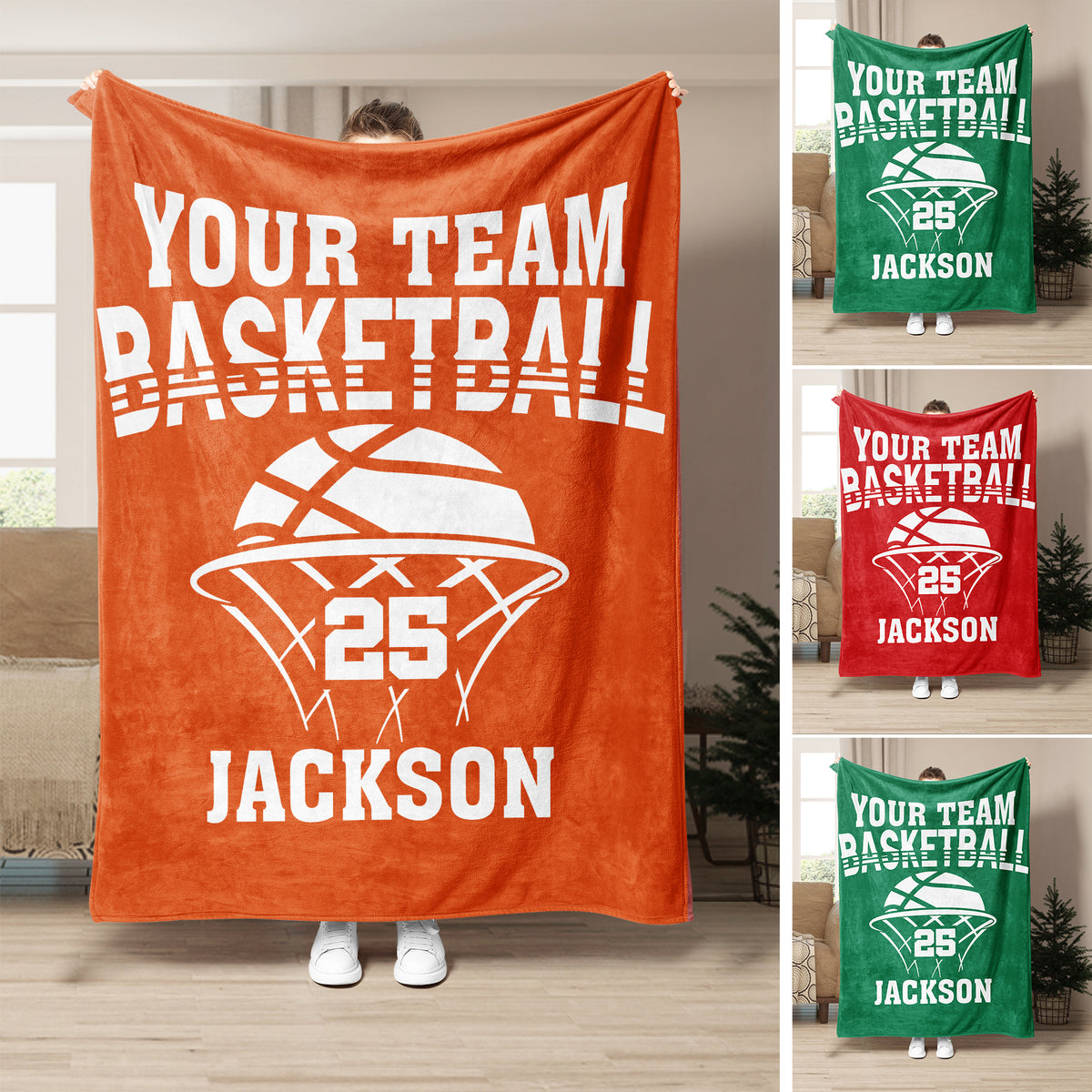 Basketball throw blanket shown in orange, green, and red color options with bold team sports artwork