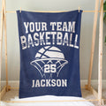Blue basketball blanket hanging on a wooden frame with bold team-inspired sports artwork