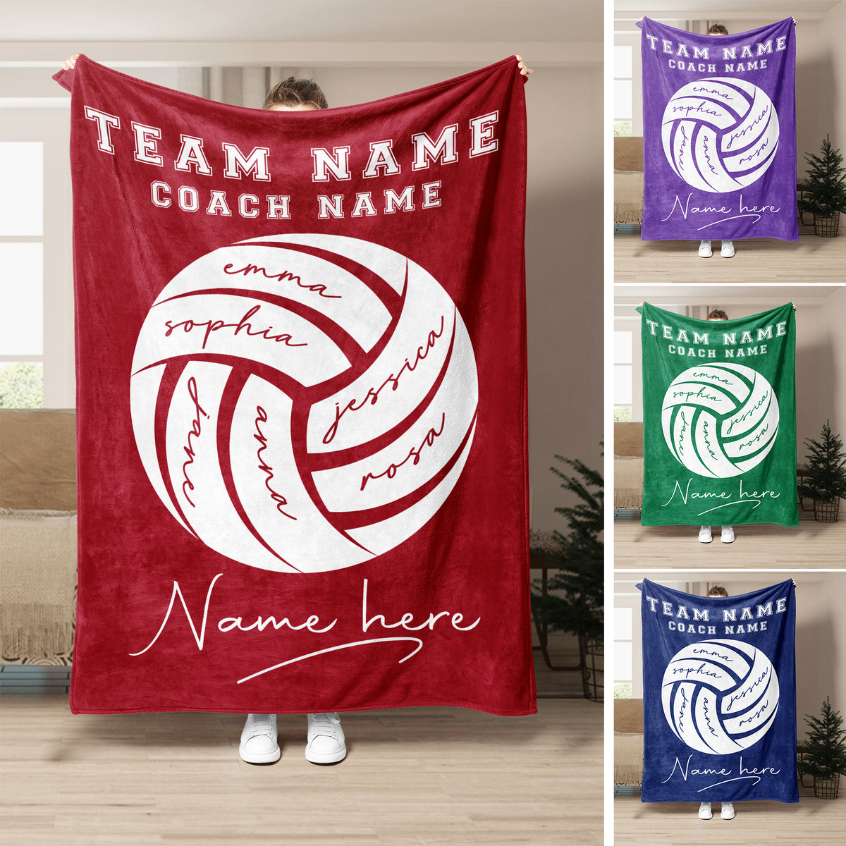 Custom volleyball throw blanket displayed in red, purple, green, and blue team color options