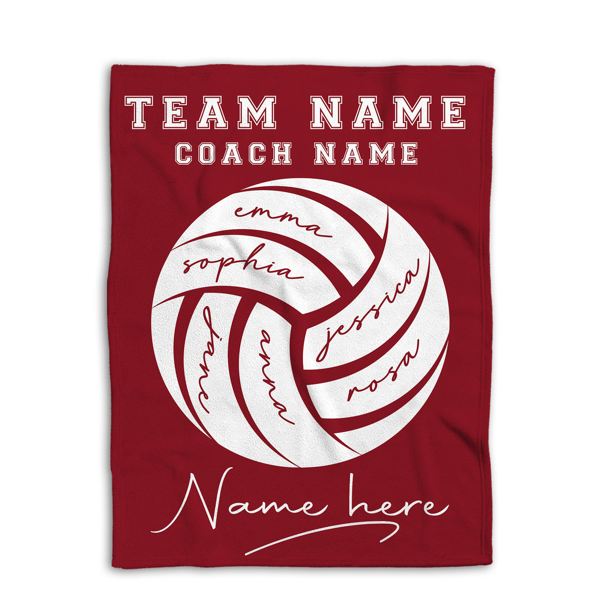 Red volleyball blanket shown flat with large white volleyball artwork and bold athletic design