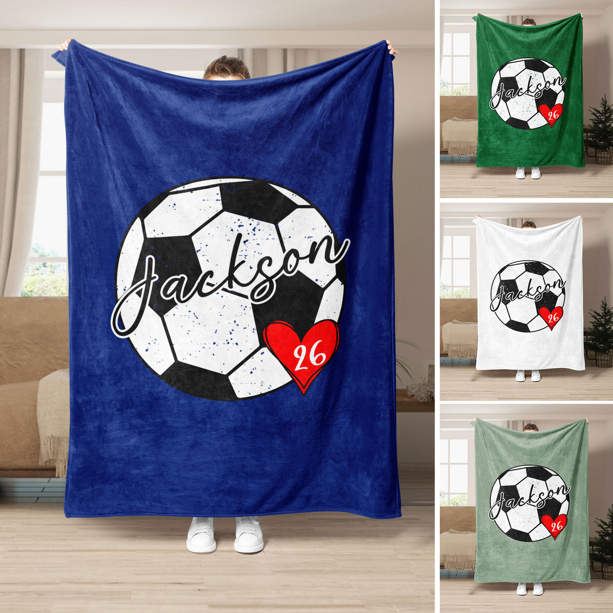 Soccer throw blanket shown in blue with a soccer ball, heart accent, and multiple color examples