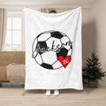 White soccer blanket displayed with black and white ball artwork and a red heart accent