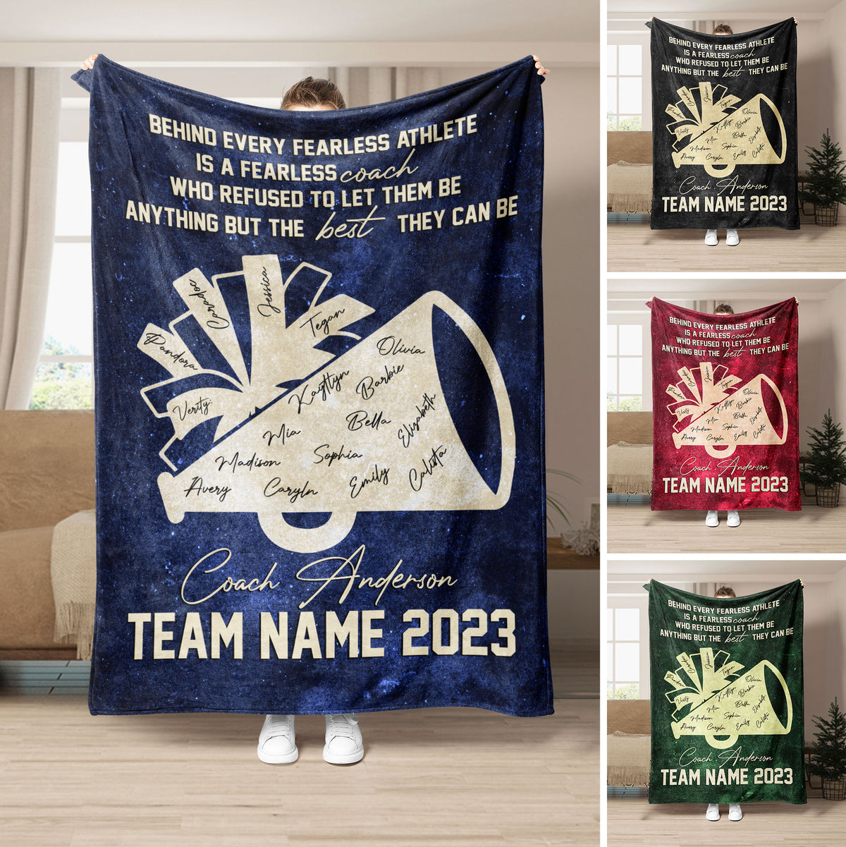 Cheerleading coach tribute blanket with megaphone artwork shown in navy, red, and green color variations