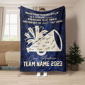 Navy cheerleading throw blanket featuring a gold megaphone and inspirational coach message