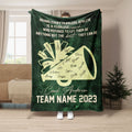 Green cheerleading blanket with gold megaphone design and team coach tribute artwork