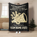 Black cheerleading throw blanket featuring a gold megaphone and coach appreciation design