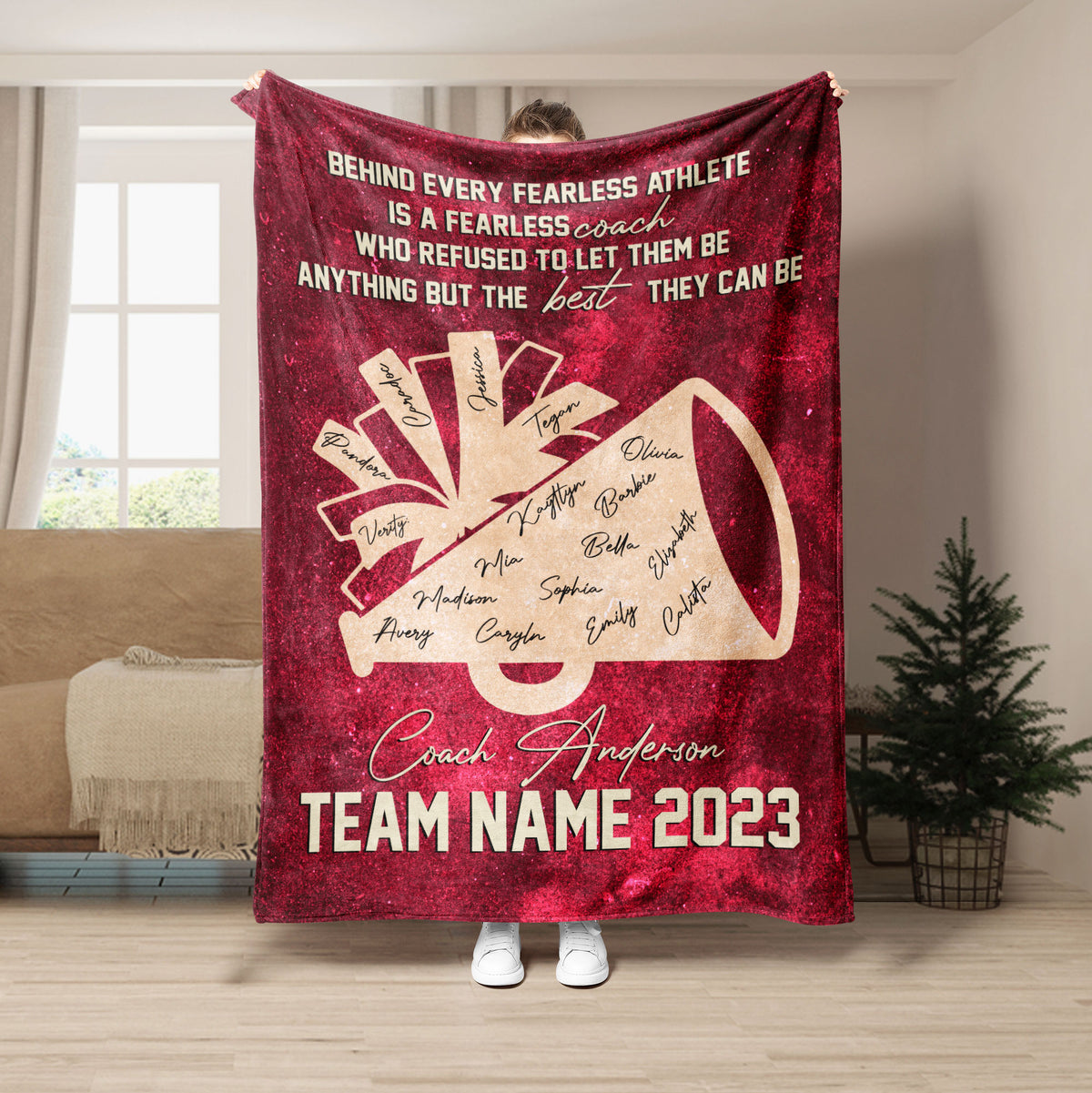 Red cheerleading blanket with gold megaphone artwork and inspirational team coach theme