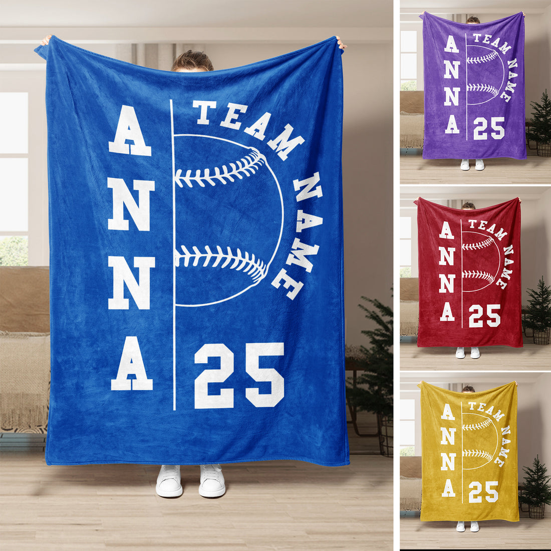 Blue softball throw blanket with bold team artwork, stitched softball graphic, and contrasting sports colors