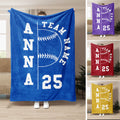 Blue softball throw blanket with bold team artwork, stitched softball graphic, and contrasting sports colors
