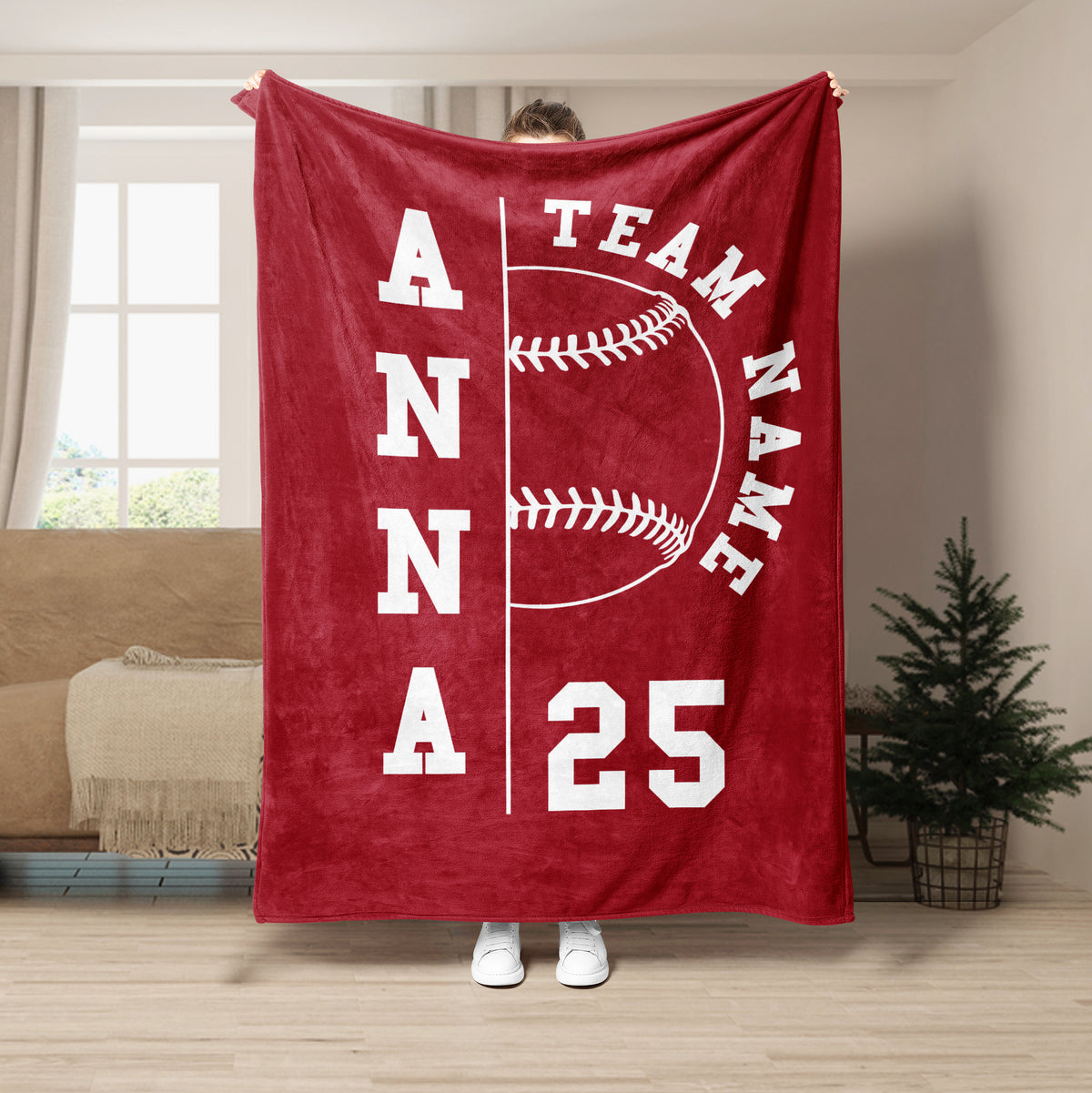 Red softball blanket featuring a large stitched softball graphic and bold white team-inspired artwork