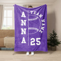 Purple softball blanket with bold block lettering, stitched softball graphic, and vibrant sports artwork