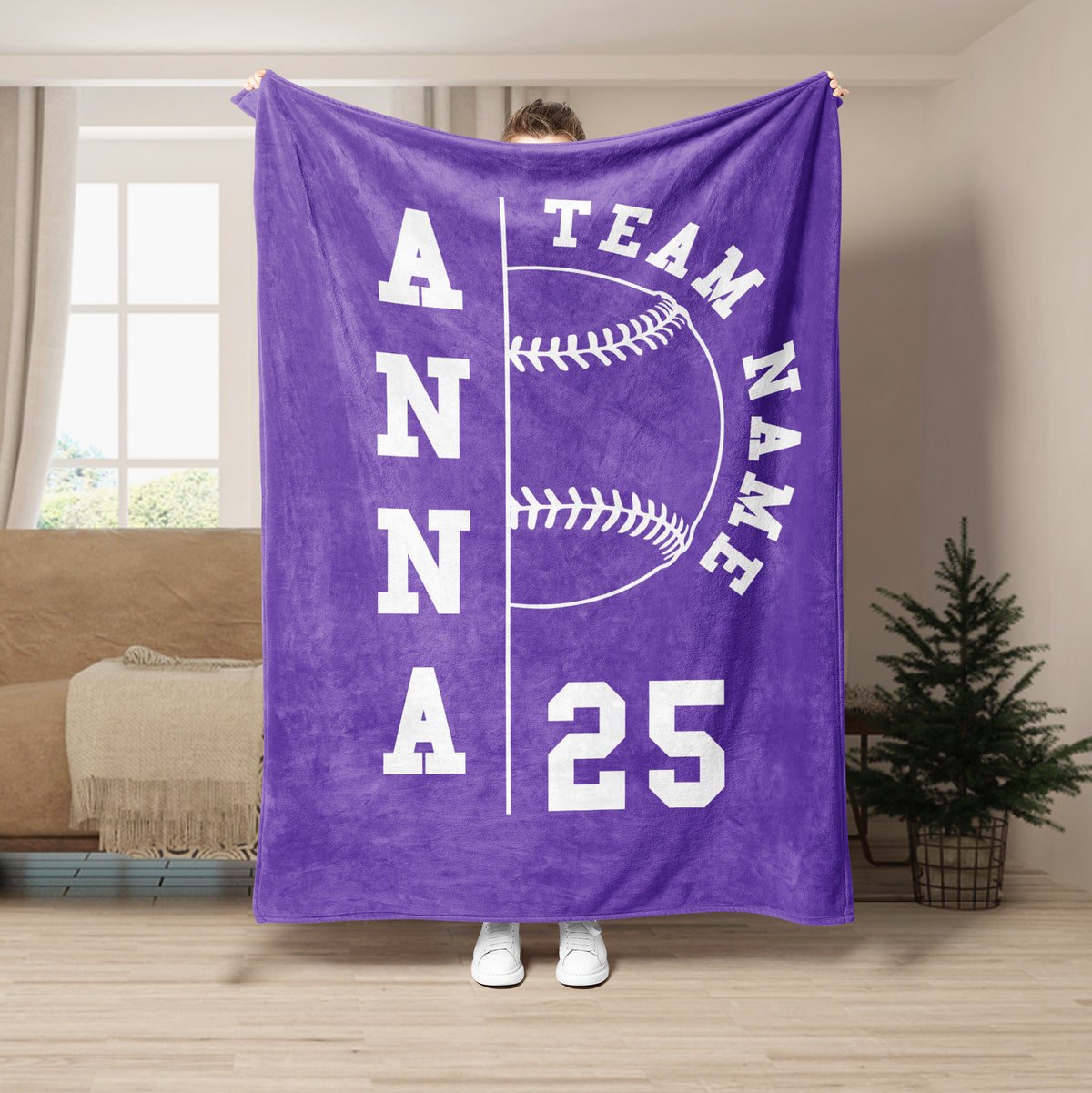 Purple softball blanket with bold block lettering, stitched softball graphic, and vibrant sports artwork