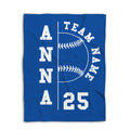 Blue softball blanket displayed flat with a large white stitched softball graphic and team design