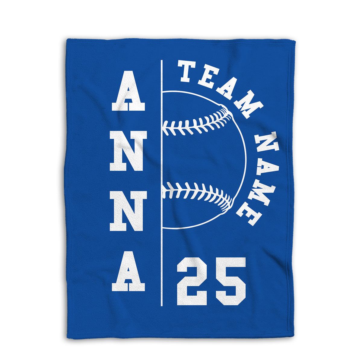 Blue softball blanket displayed flat with a large white stitched softball graphic and team design