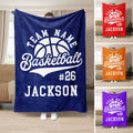 Basketball blanket mockup in navy with bold ball artwork and alternate red, orange, and purple color views