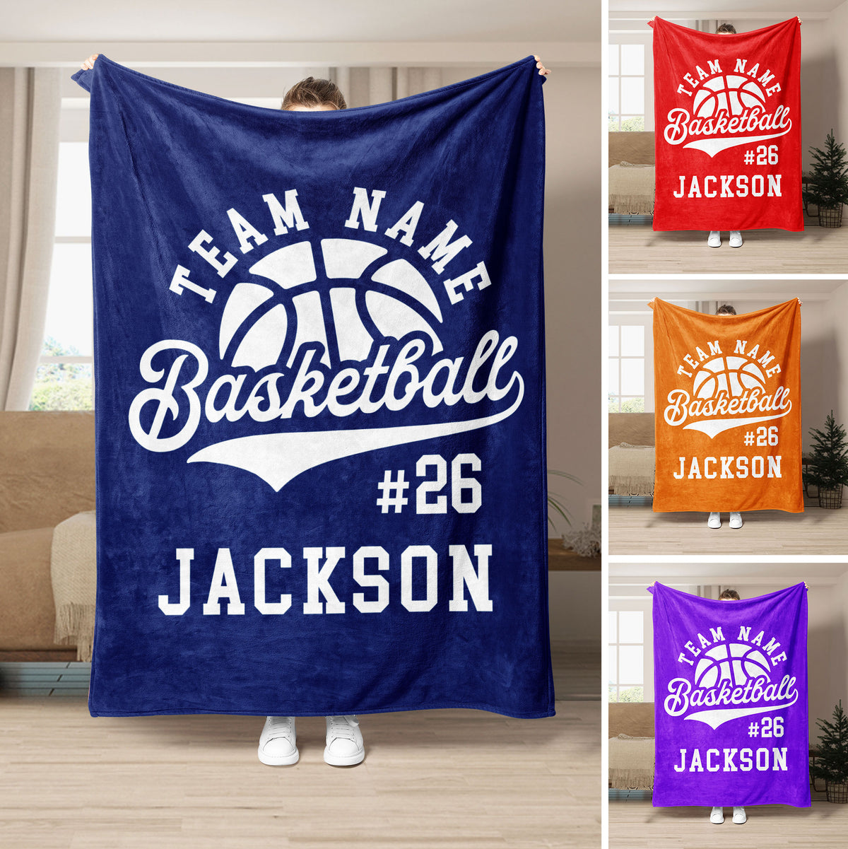 Basketball blanket mockup in navy with bold ball artwork and alternate red, orange, and purple color views