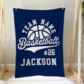 Navy basketball blanket hanging on a wooden display frame with bold white sports artwork