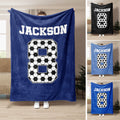 Soccer throw blanket displayed in multiple colorways with bold ball-pattern artwork
