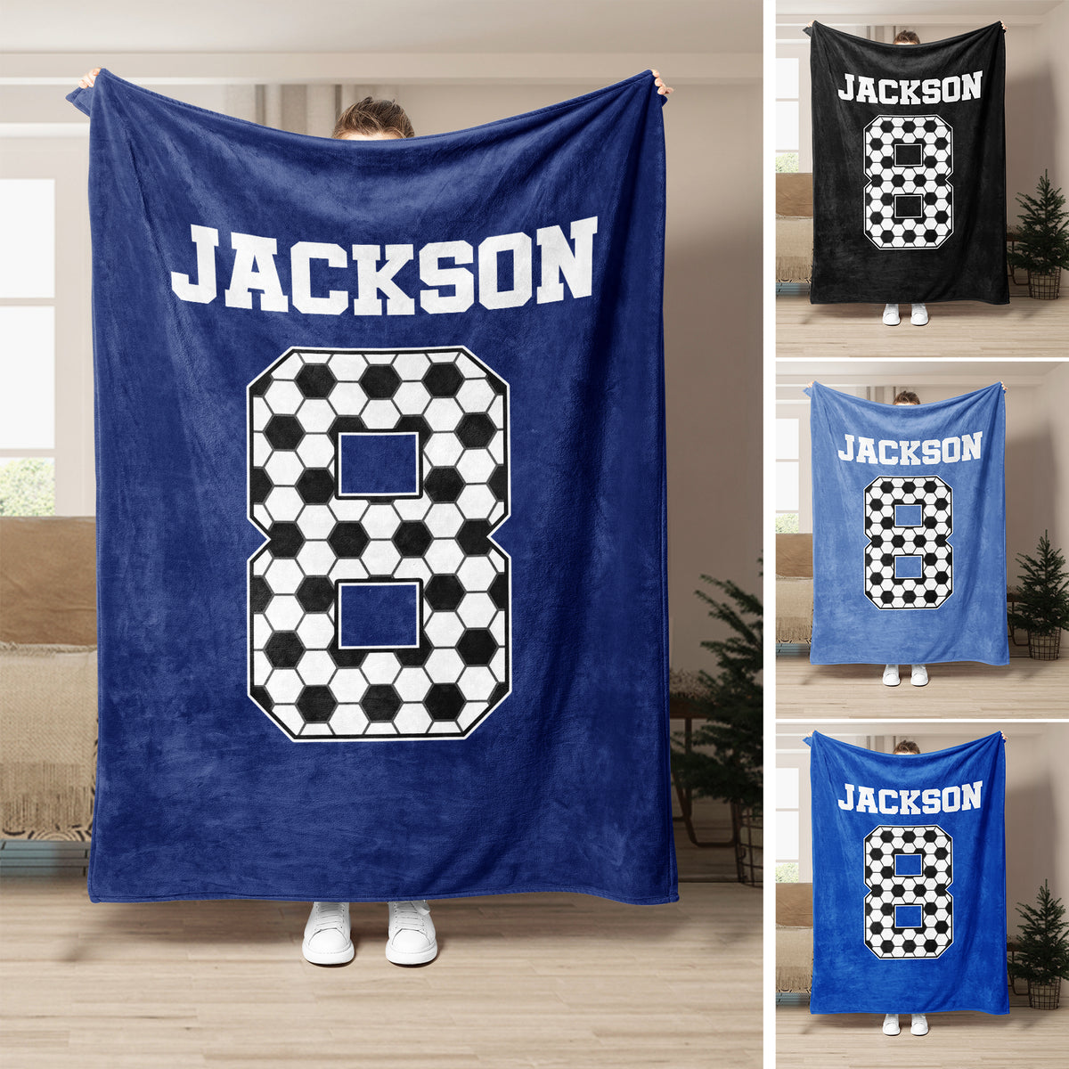 Soccer throw blanket displayed in multiple colorways with bold ball-pattern artwork