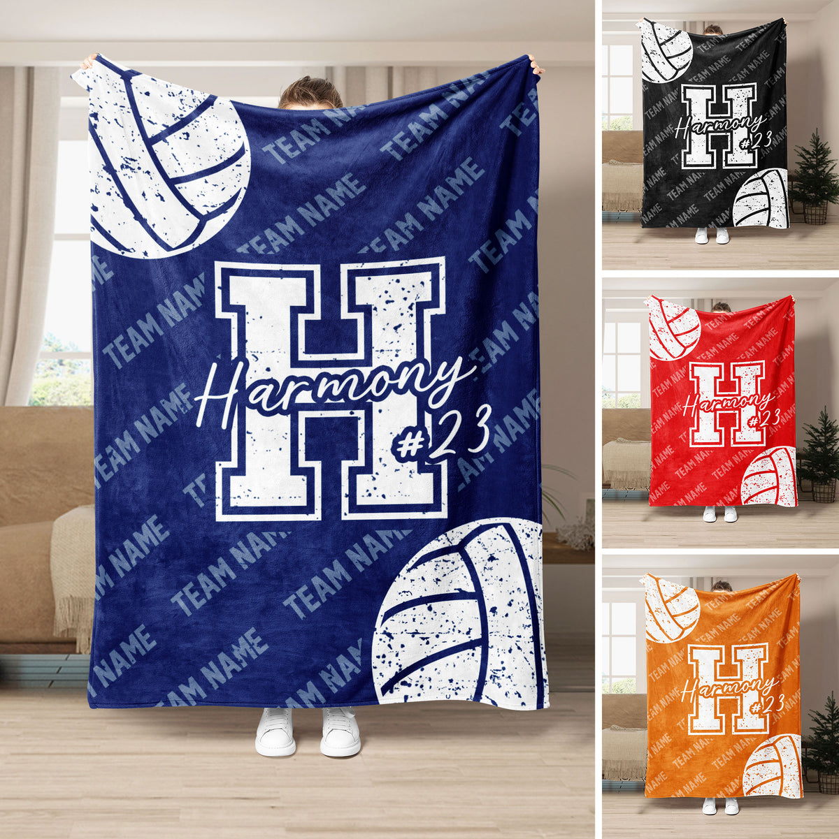 Custom volleyball blanket with navy blue and white distressed volleyball graphics, bold athletic lettering and jersey-style number design