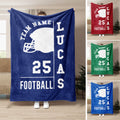 Football throw blanket displayed in blue, red, and green color variations with helmet and bold sports artwork
