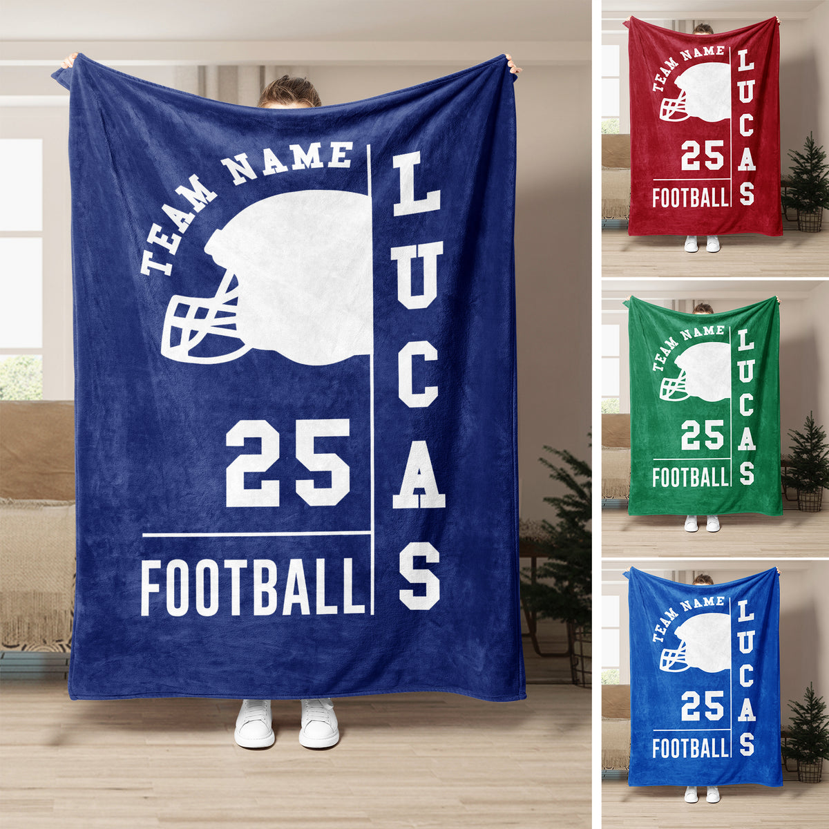 Football throw blanket displayed in blue, red, and green color variations with helmet and bold sports artwork