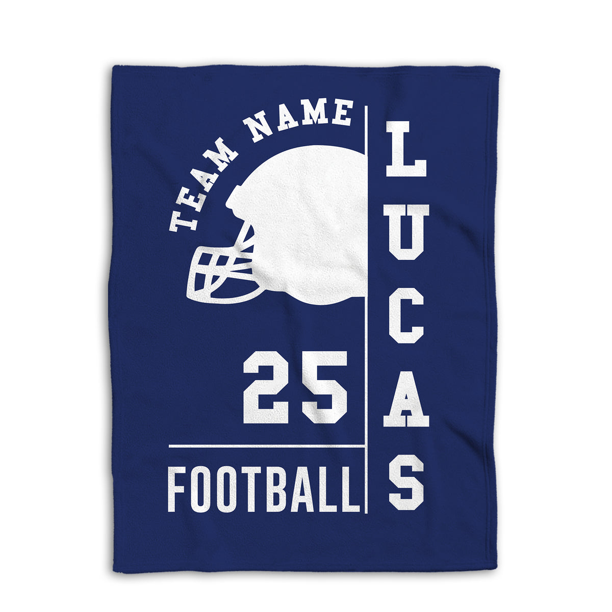 Navy football blanket shown flat with a large white helmet silhouette and bold football graphics