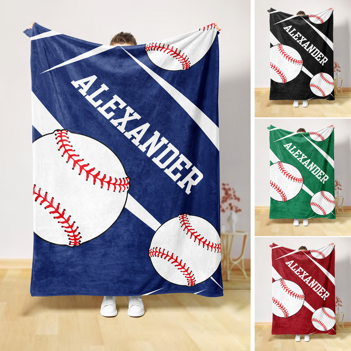 Baseball throw blanket with oversized baseballs, diagonal stripes, and blue, green, black, and red color options