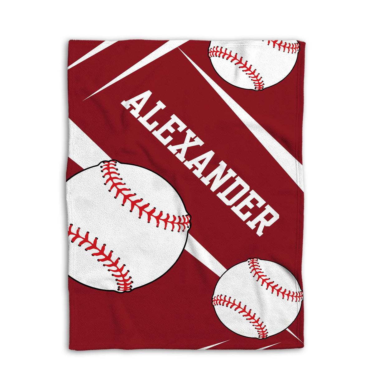 Red baseball throw blanket featuring oversized baseball artwork and diagonal white stripe accents