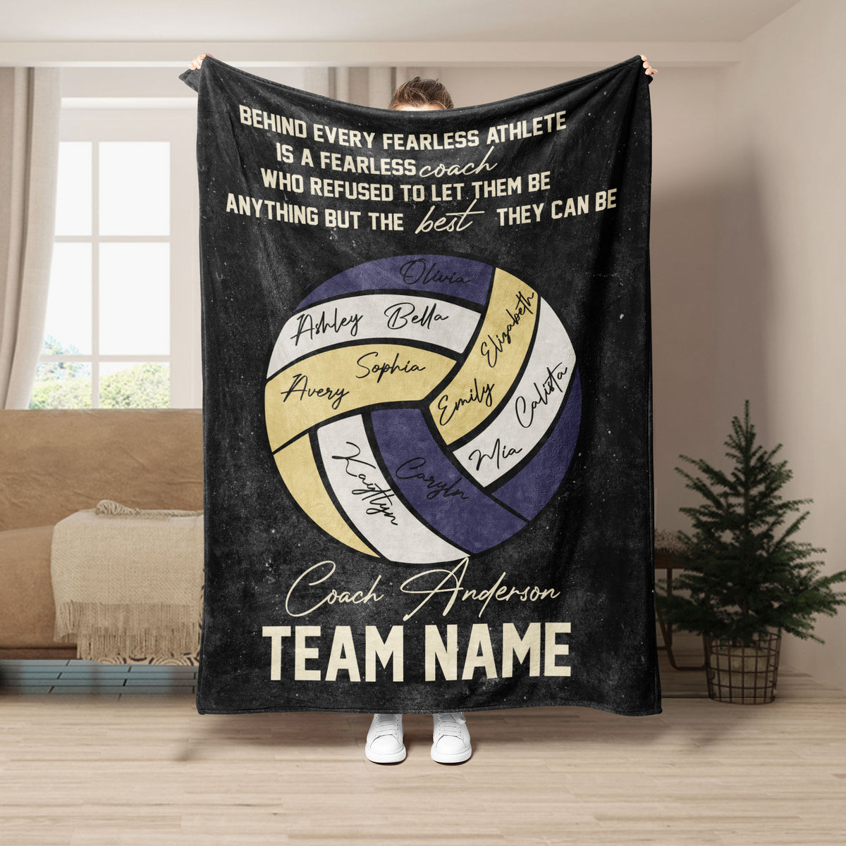 Black volleyball throw blanket featuring an inspirational coach message and team volleyball artwork
