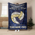 Blue volleyball blanket with inspirational coach design and large purple, gold, and white volleyball