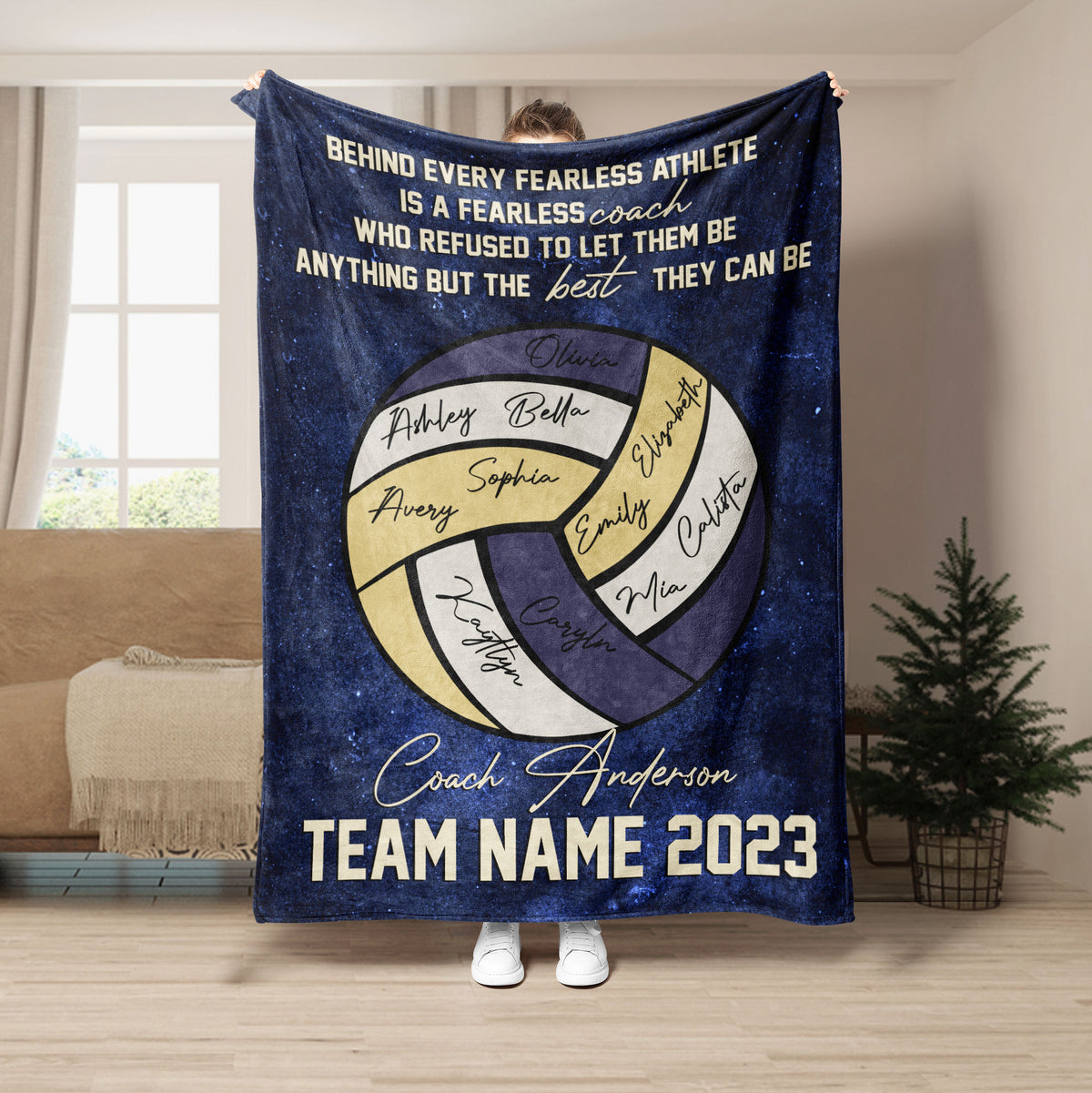 Blue volleyball blanket with inspirational coach design and large purple, gold, and white volleyball