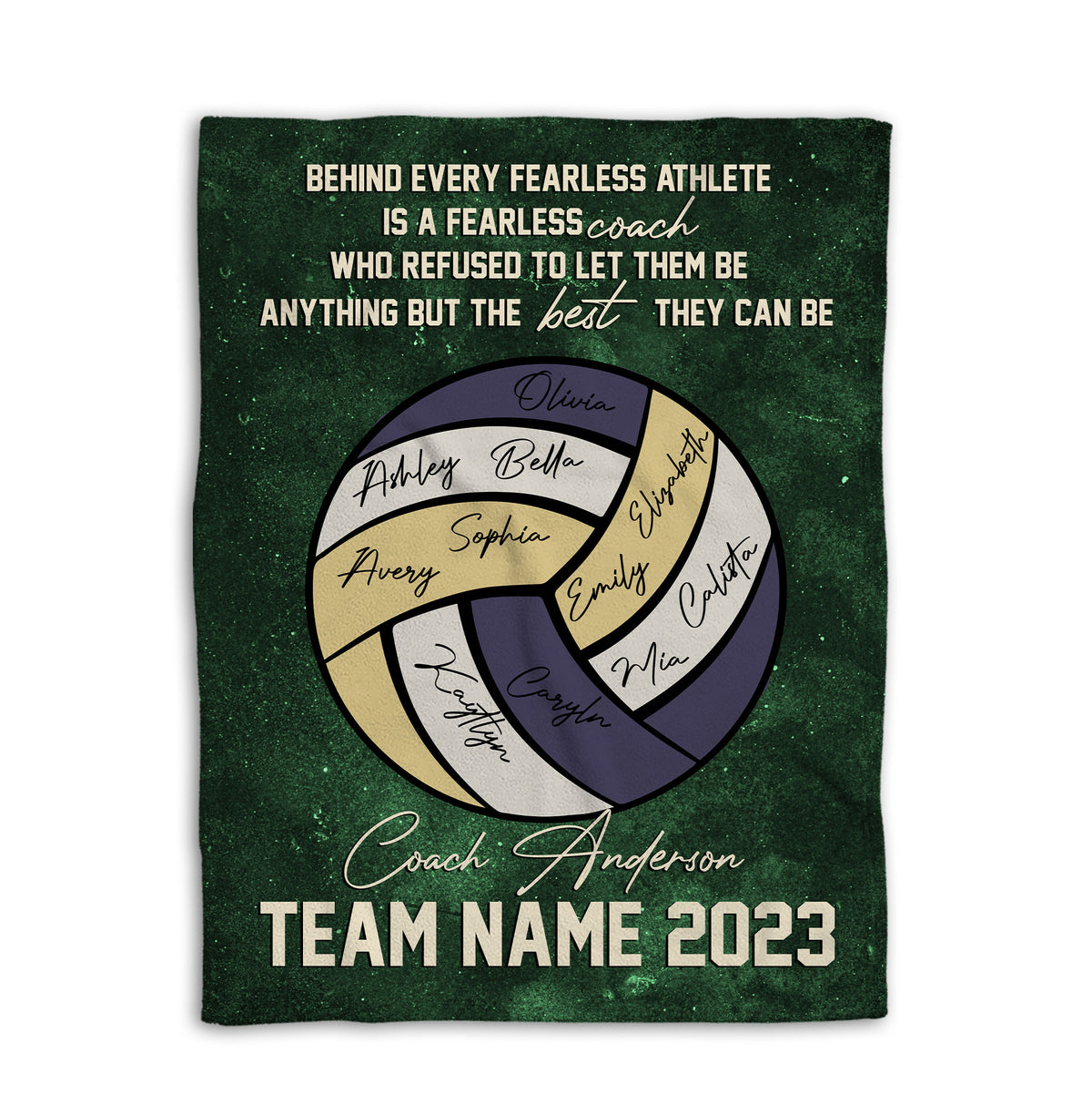 Green volleyball blanket shown flat with inspirational coach message and team sports artwork