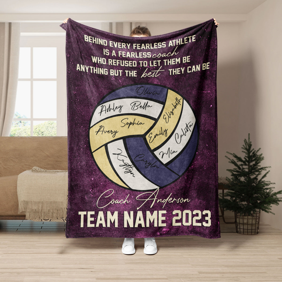 Purple volleyball throw blanket featuring an inspirational coach message and colorful volleyball design