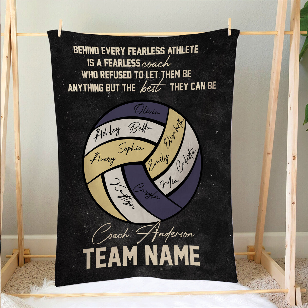 Volleyball blanket displayed on a bedroom frame with coach message and team volleyball artwork
