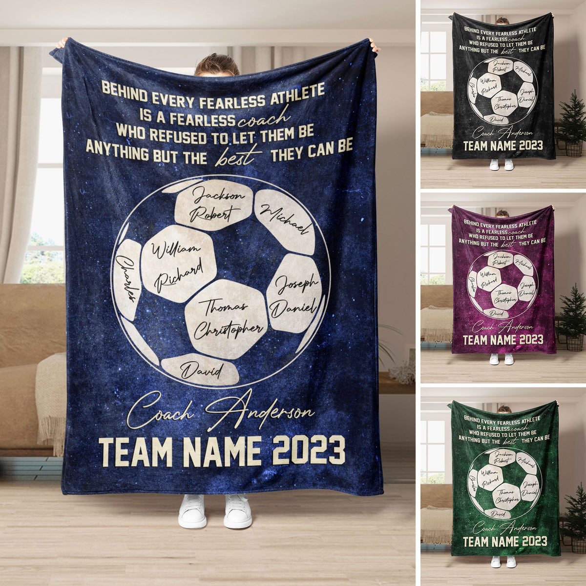 Custom soccer coach blanket displayed in multiple colors with soccer ball artwork and team tribute design