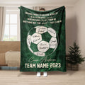Green soccer coach throw blanket with soccer ball artwork and motivational sports theme