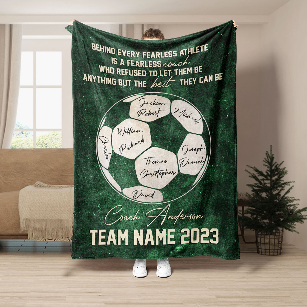 Green soccer coach throw blanket with soccer ball artwork and motivational sports theme