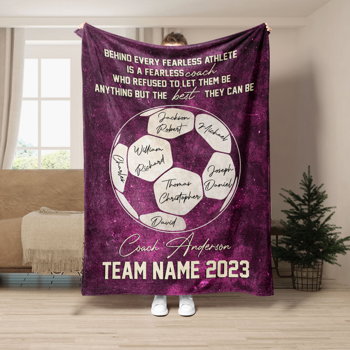 Purple soccer coach blanket with soccer ball artwork and inspirational athlete message