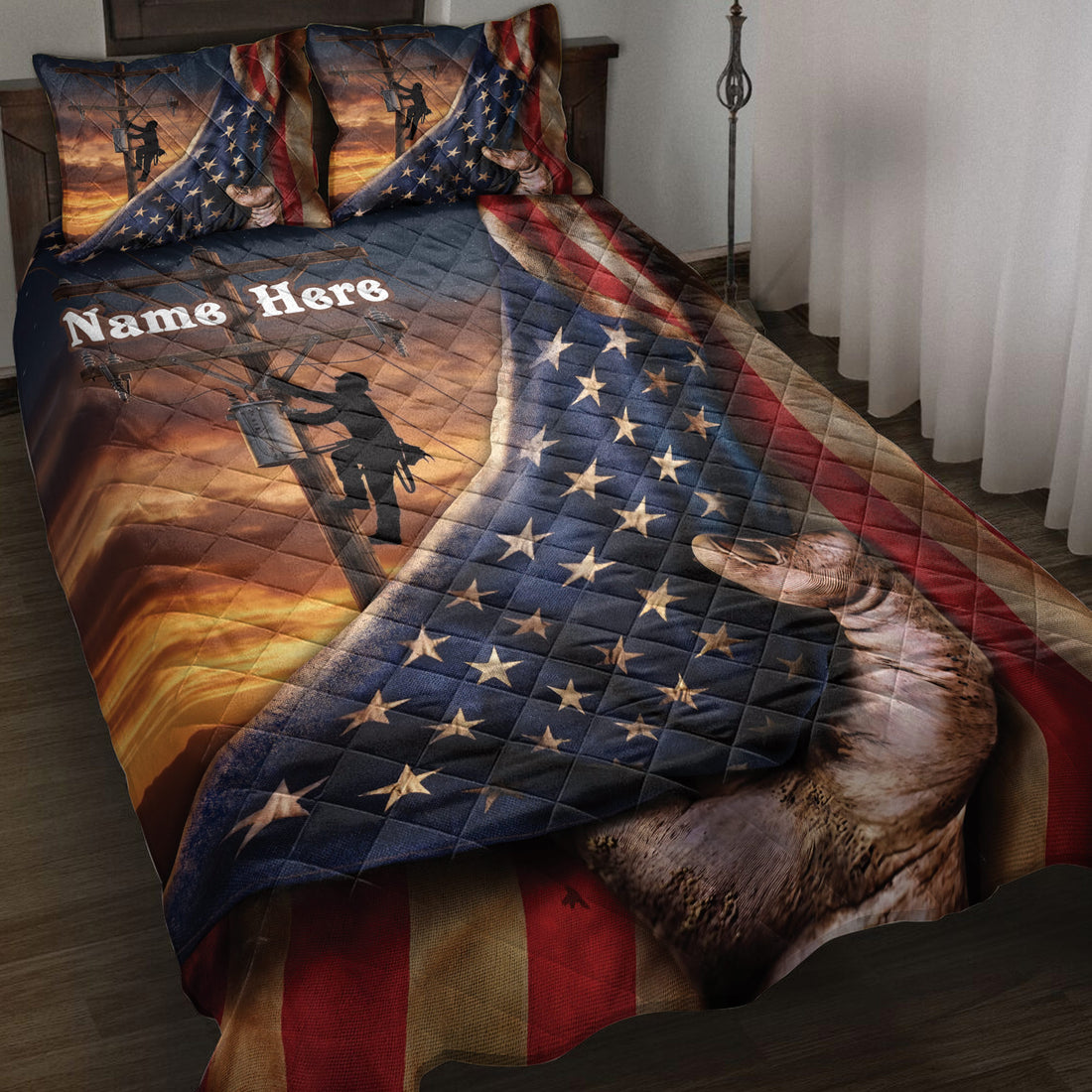 Lineman quilt blanket displayed on a bed with utility worker artwork, sunset colors, stars, and patriotic stripes