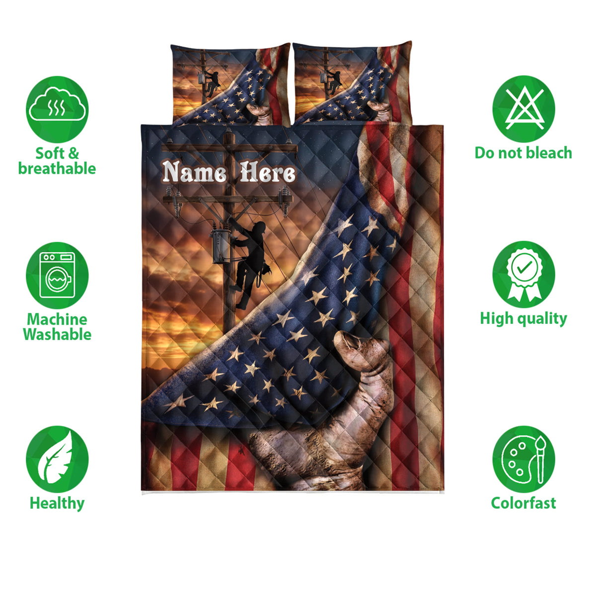 Lineman quilt bedding set with utility pole silhouettes, patriotic stars and stripes, and a sunset design
