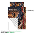 Lineman quilt showing utility worker artwork, patriotic colors, printed front, and white quilted backing