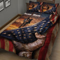 Close view of lineman quilt bedding with utility worker silhouettes, star pattern, sunset artwork, and patriotic stripes