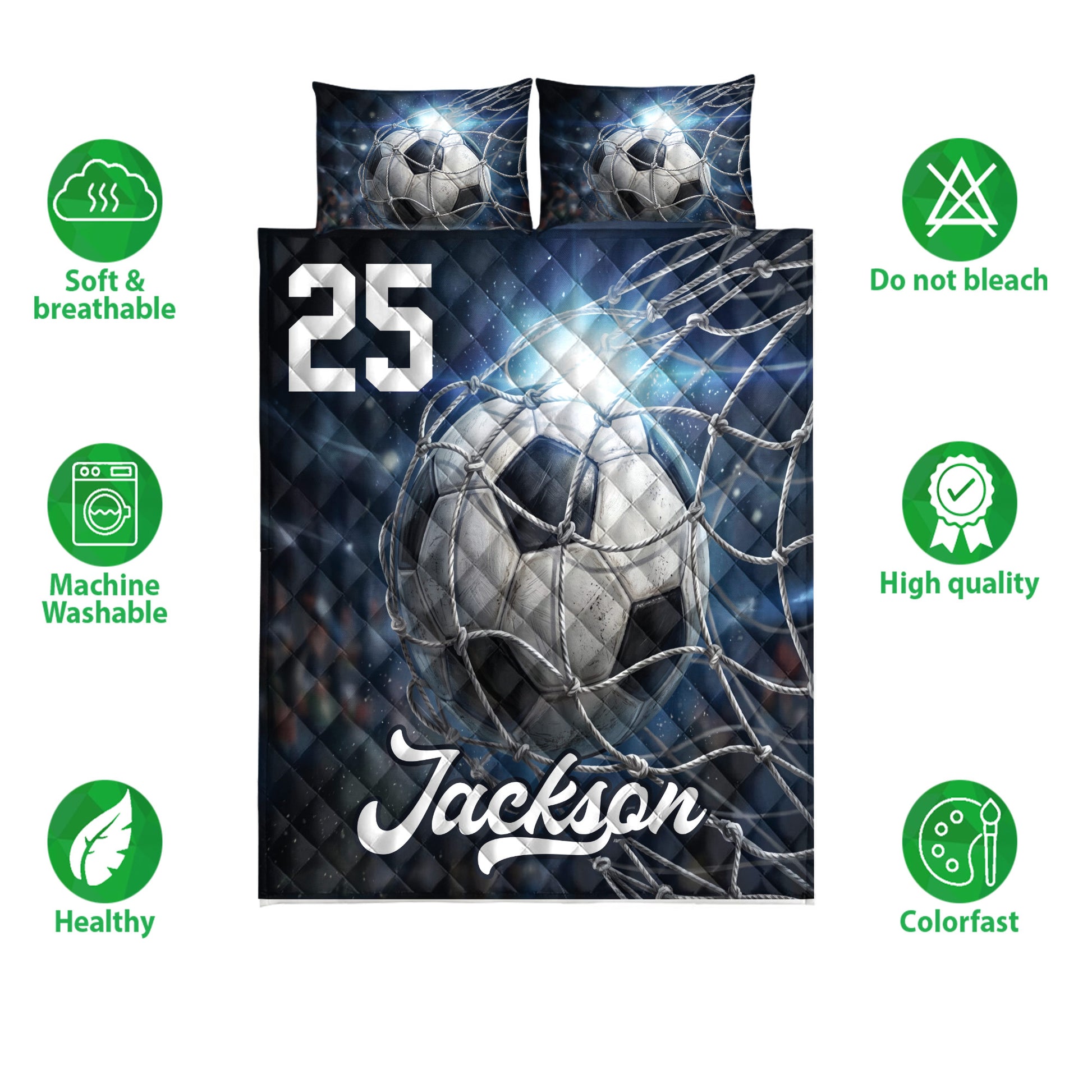 Soccer quilt bedding set shown with matching ball artwork, dark blue coloring, and product feature icons