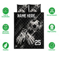 Soccer quilt blanket and pillowcase design shown with black-and-white ball and goalkeeper glove artwork