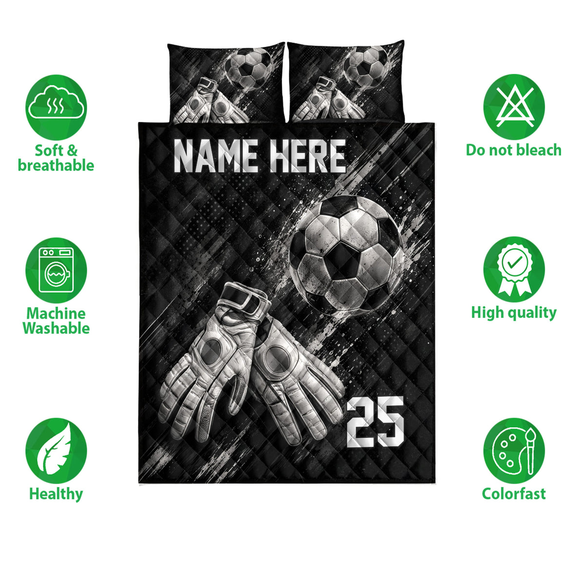 Soccer quilt blanket and pillowcase design shown with black-and-white ball and goalkeeper glove artwork