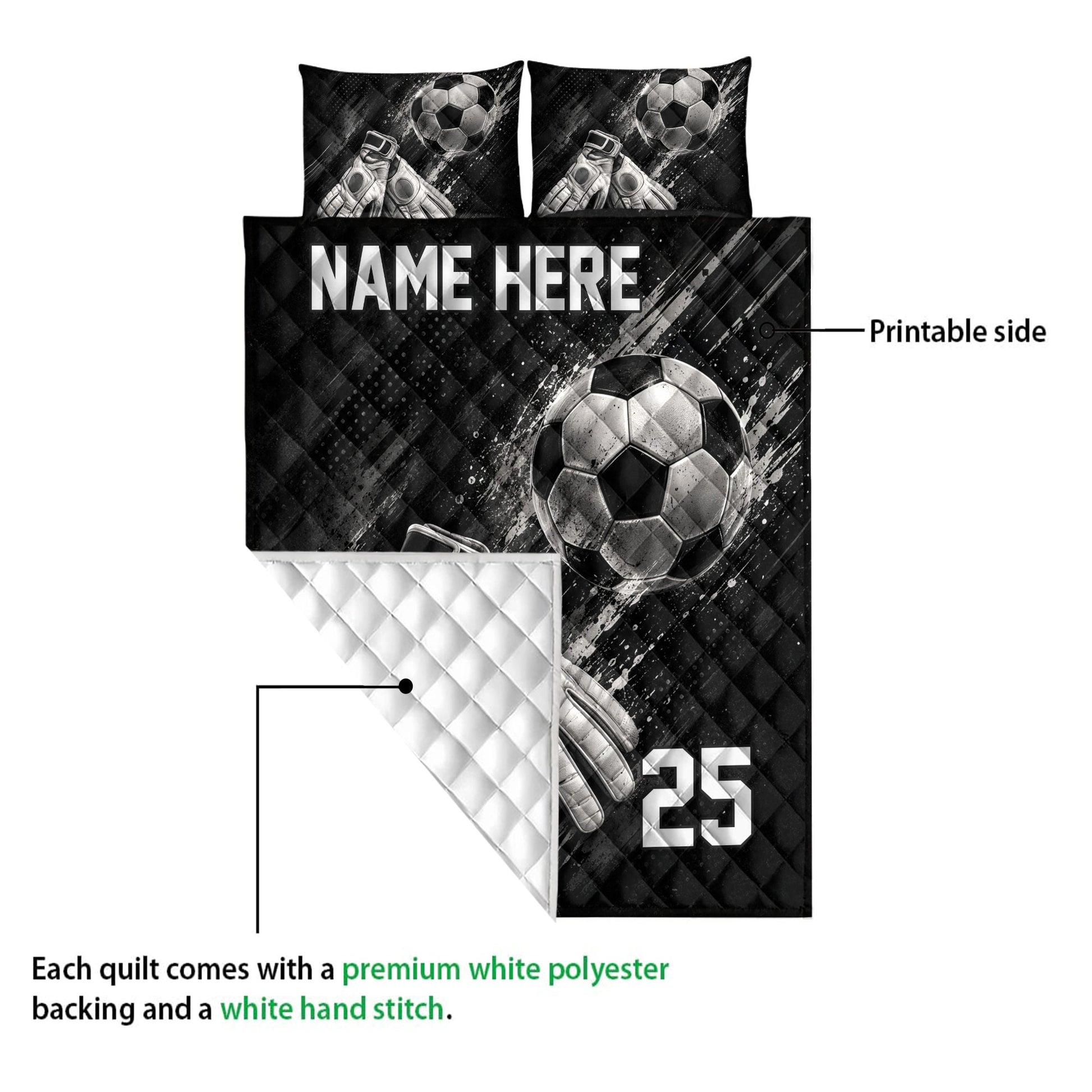 Soccer quilt showing the printed front and white diamond-quilted reverse side