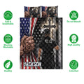 Police quilt bedding set shown with patriotic artwork, officer imagery, and product care and quality icons