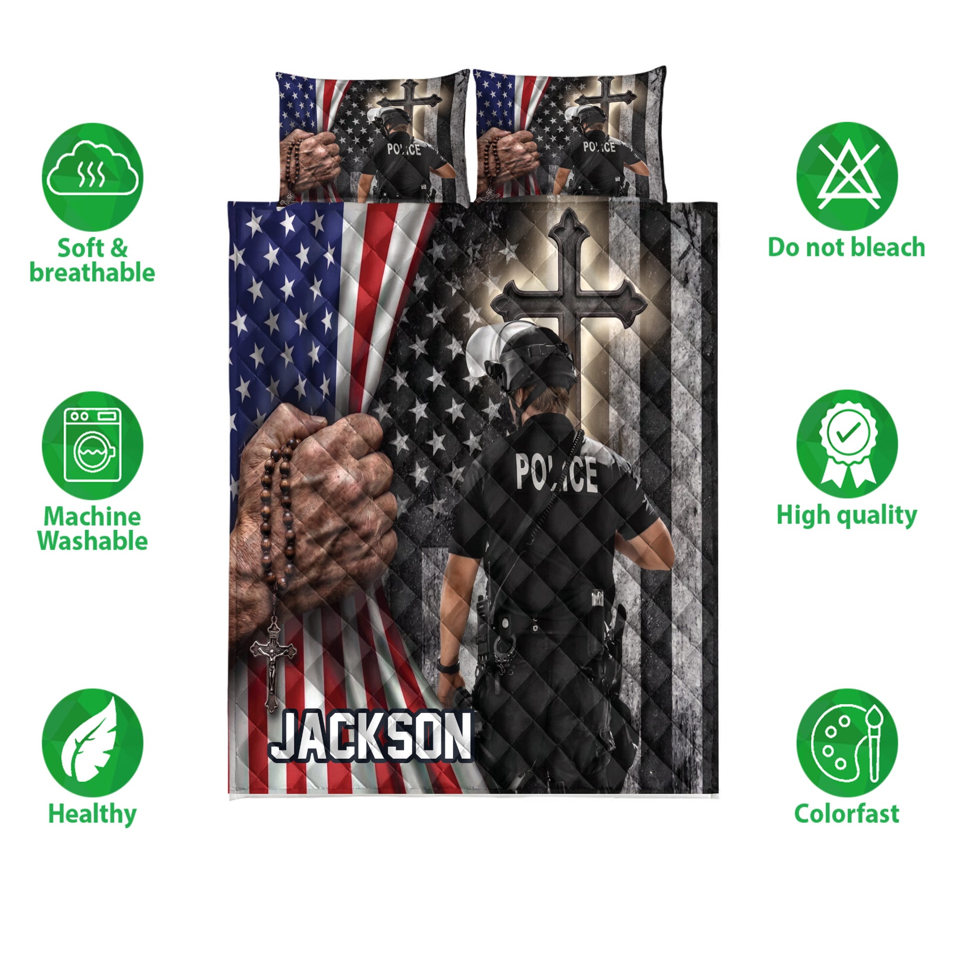 Police quilt bedding set shown with patriotic artwork, officer imagery, and product care and quality icons